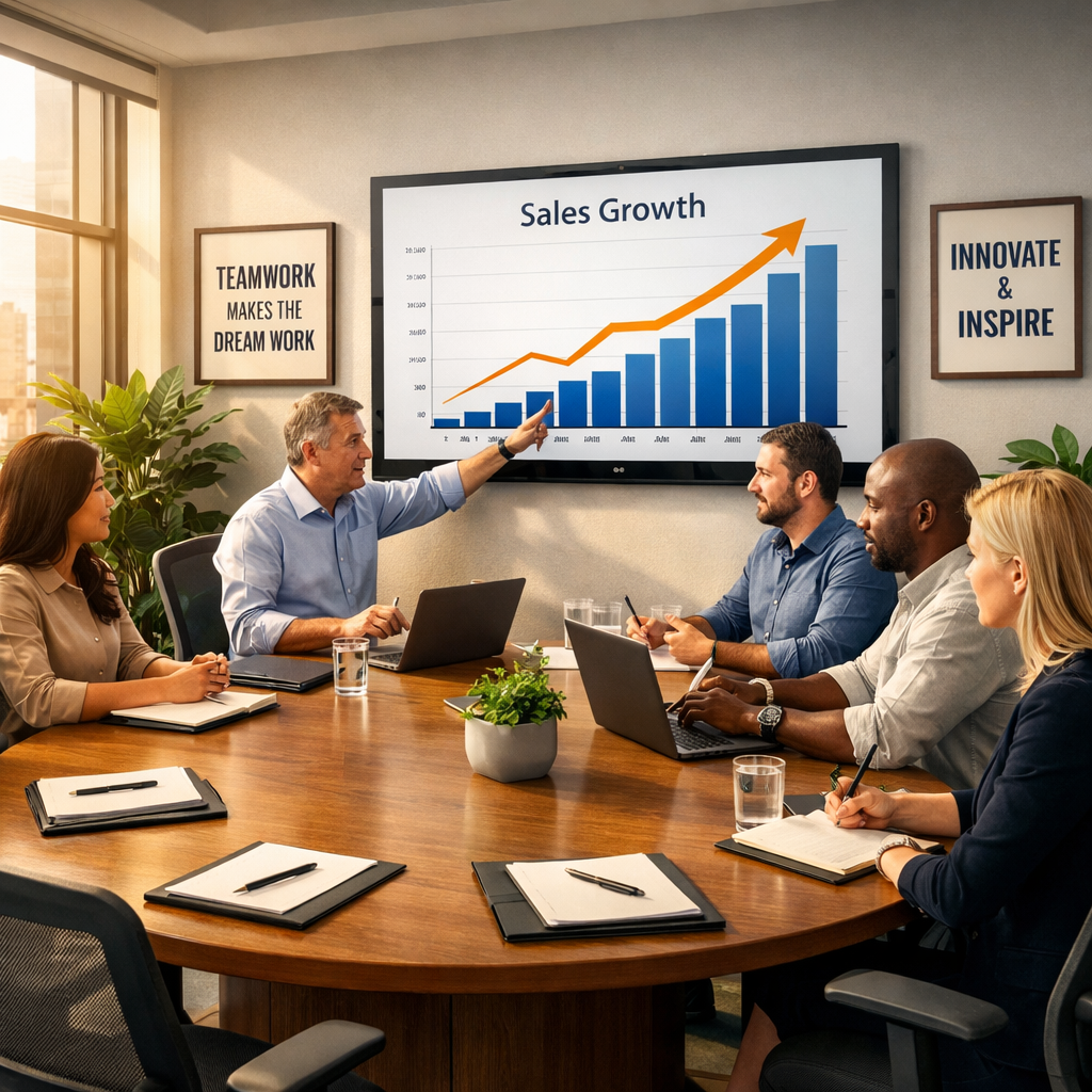 Ein mittelständisches Führungsteam vor einem CRM-Dashboard.